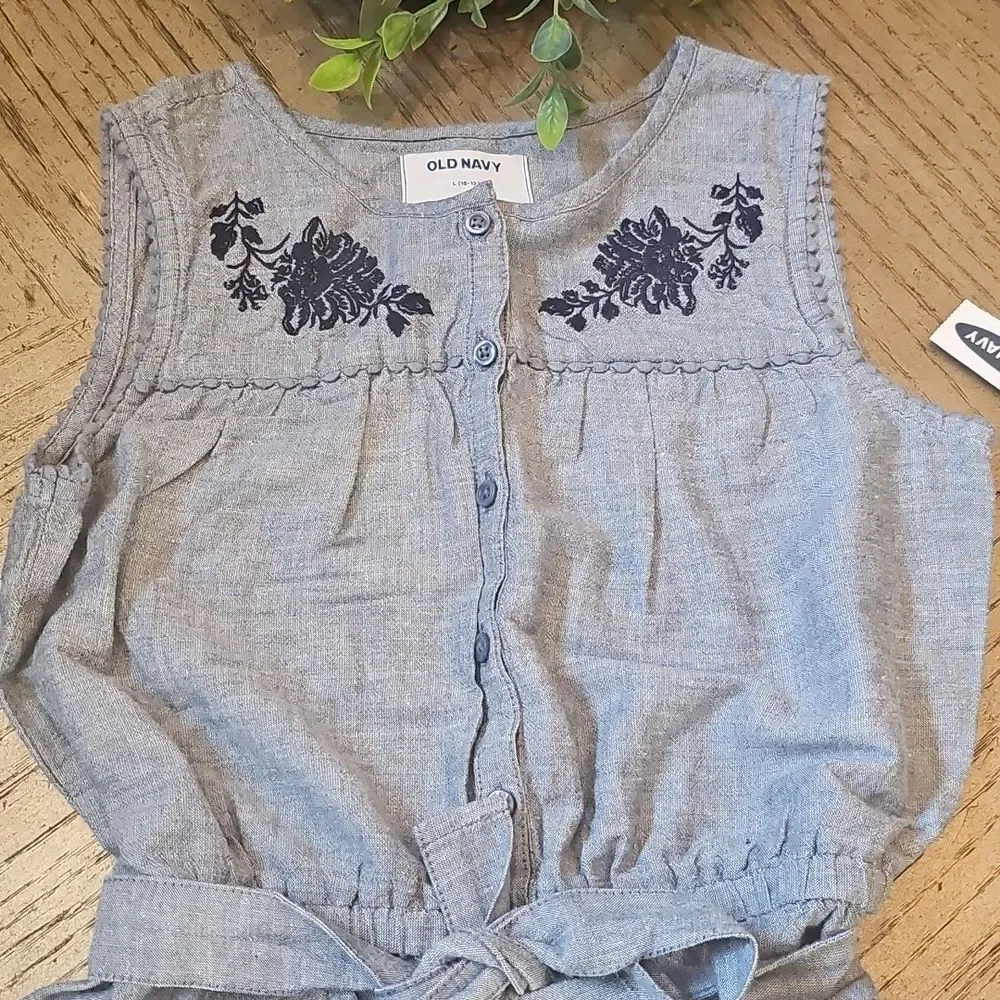 Old Navy Blue Embroidered Romper Size L 10/12 NWT